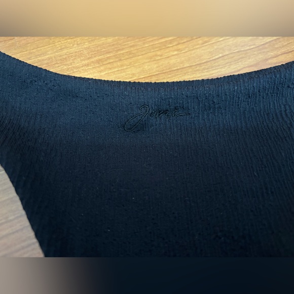 JUNE SWIMWEAR Tropical Off Shoulder Top and Cheeky Black Bikini Bottoms - Picture 11 of 12